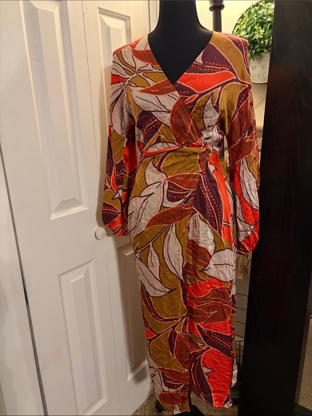 Anthropologie Red, Olive & Purple Floral Wrap Midi Dress
